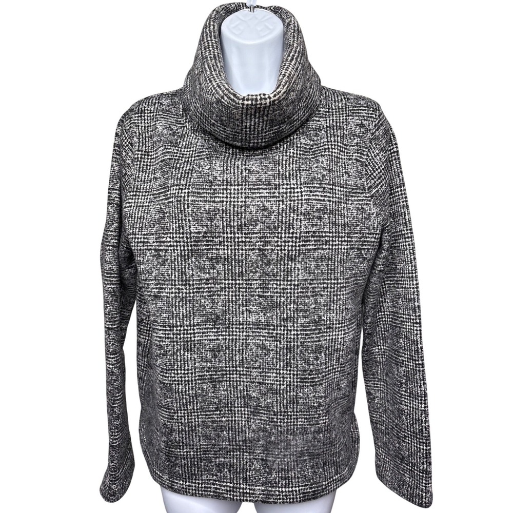 J. CREW Womens Black White Plaid Cowl Neck Sweater M Fleece Lined Academia